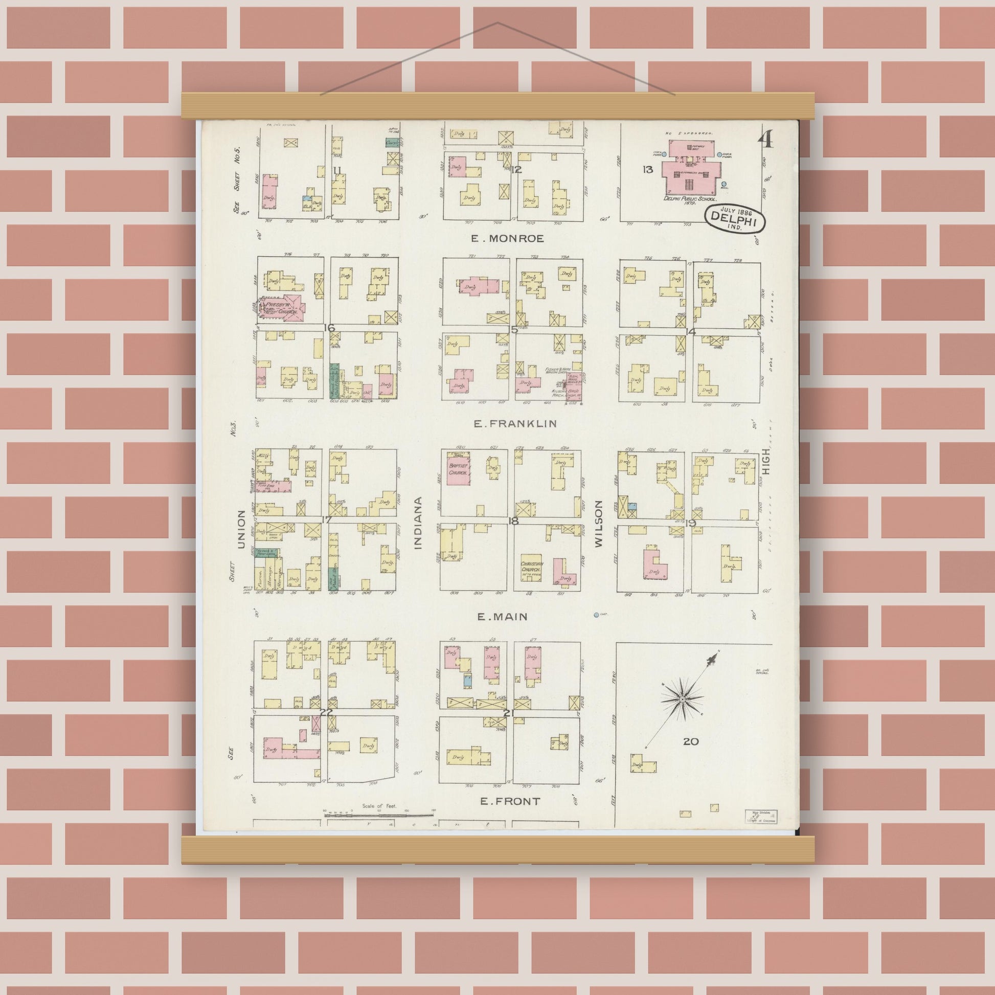Old map wall art mockup — magnetic wood frame on brick wall — Sanborn Fire Insurance Map from Delphi, Carroll County, Indiana (1886), Sheet #0004