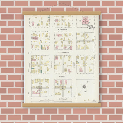 Old map wall art mockup — magnetic wood frame on brick wall — Sanborn Fire Insurance Map from Delphi, Carroll County, Indiana (1886), Sheet #0004