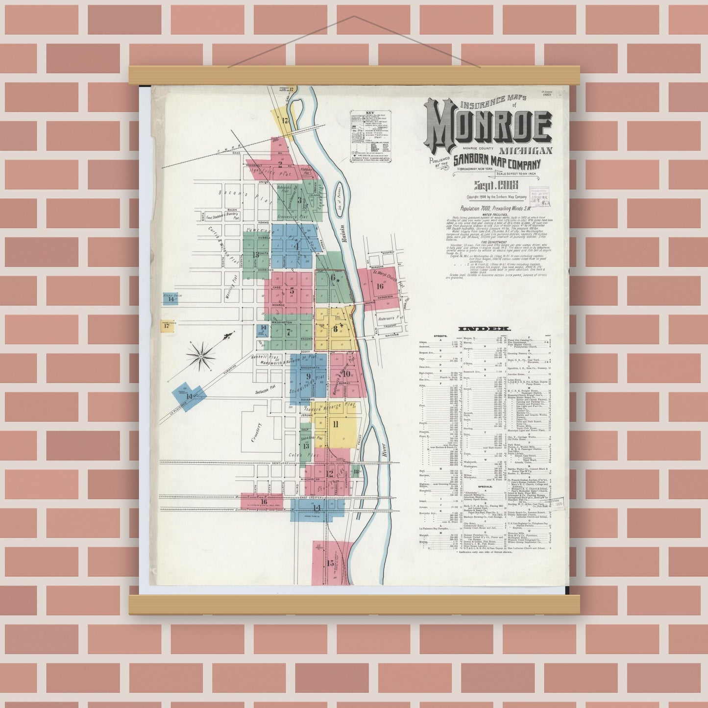 Old map wall art mockup — magnetic wood frame on brick wall — Sanborn Fire Insurance Map from Monroe, Monroe County, Michigan (1908) - Complete Map Set
