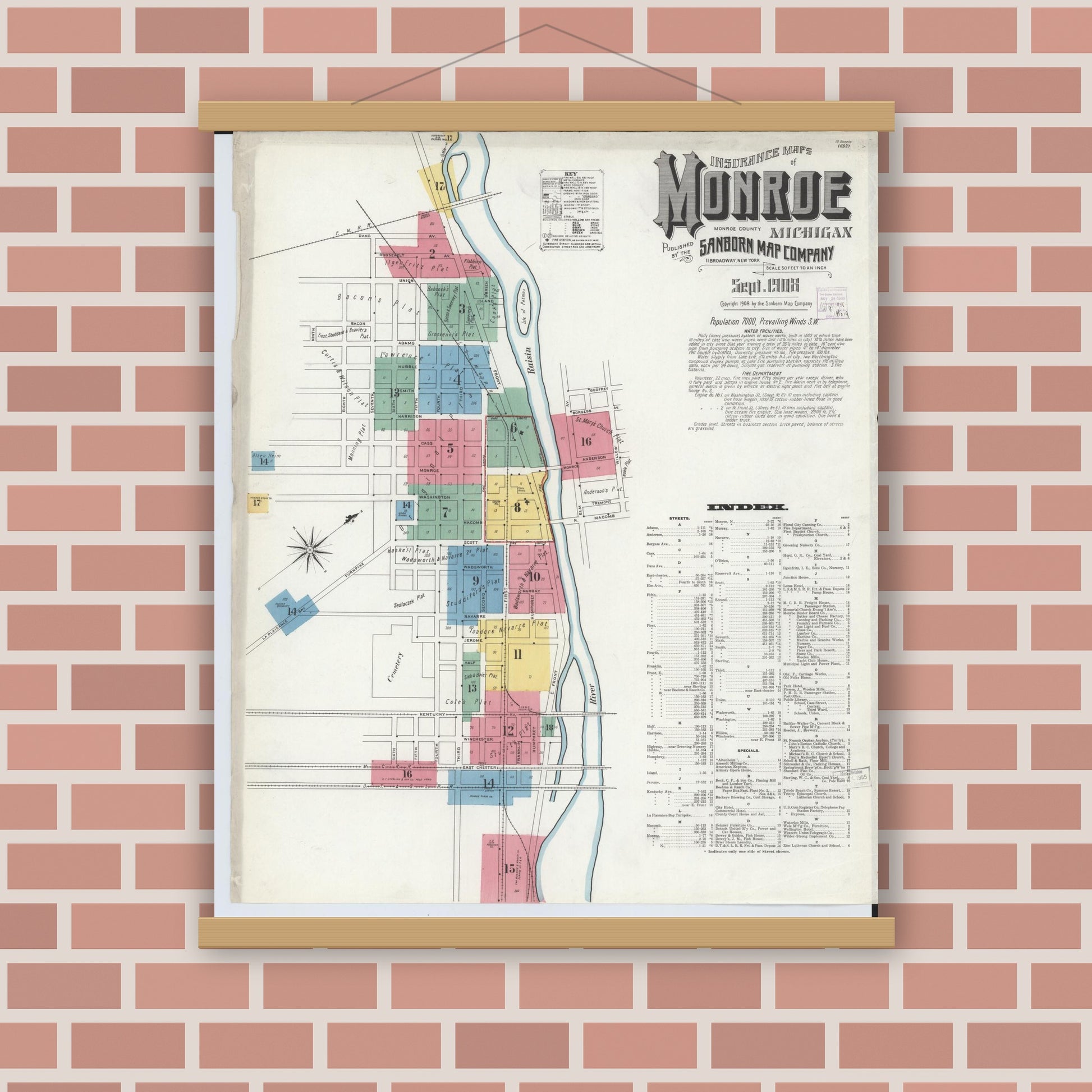 Old map wall art mockup — magnetic wood frame on brick wall — Sanborn Fire Insurance Map from Monroe, Monroe County, Michigan (1908) - Complete Map Set