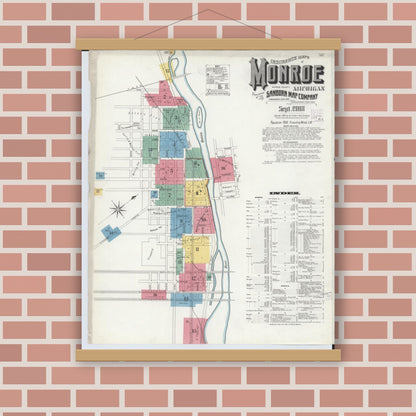 Old map wall art mockup — magnetic wood frame on brick wall — Sanborn Fire Insurance Map from Monroe, Monroe County, Michigan (1908) - Complete Map Set