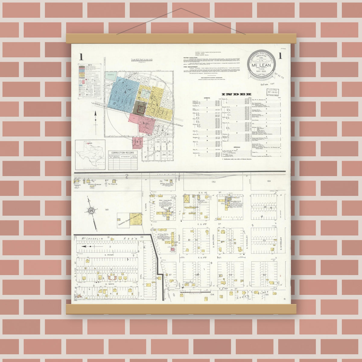 Old map wall art mockup — magnetic wood frame on brick wall — Sanborn Fire Insurance Map from McLean, Gray County, Texas (1933) - Complete Map Set