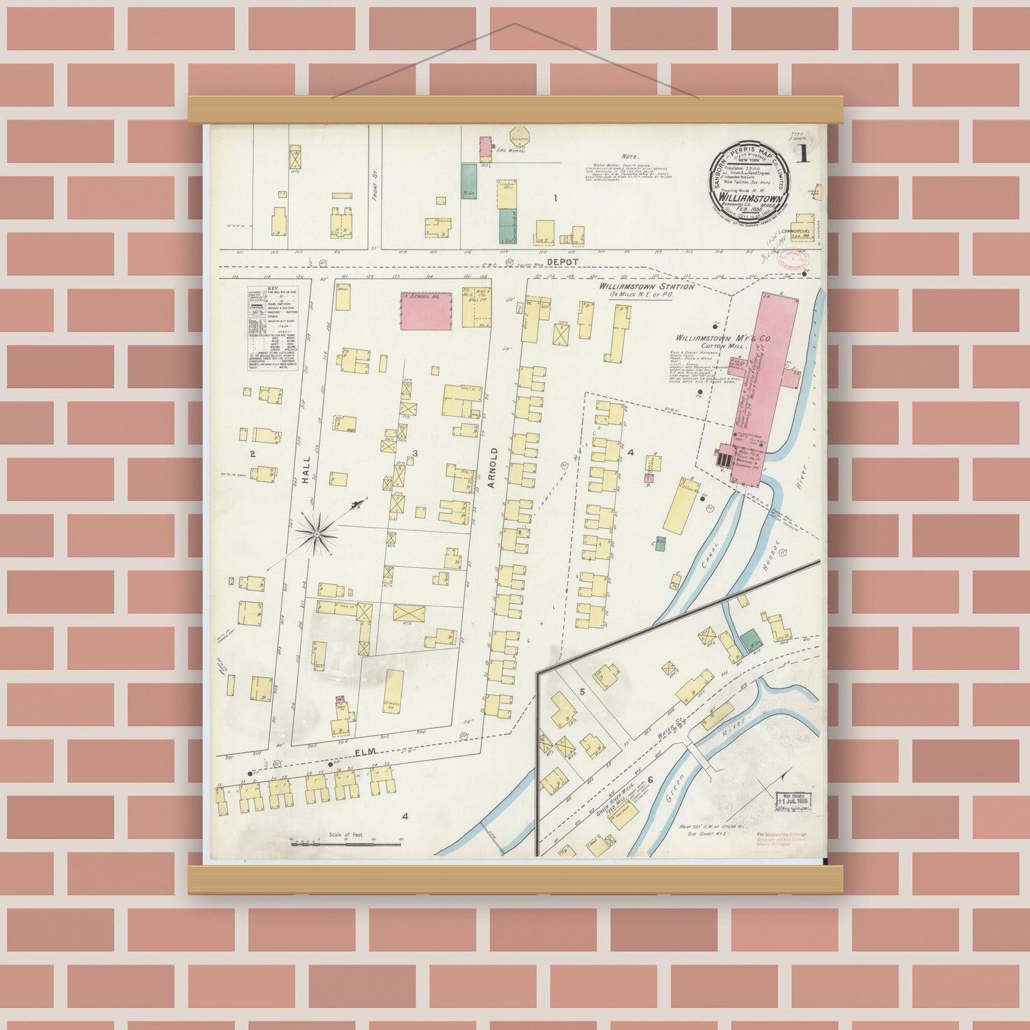 Old map wall art mockup — magnetic wood frame on brick wall — Sanborn Fire Insurance Map from Williamstown, Berkshire County, Massachusetts (1895) - Complete Map Set