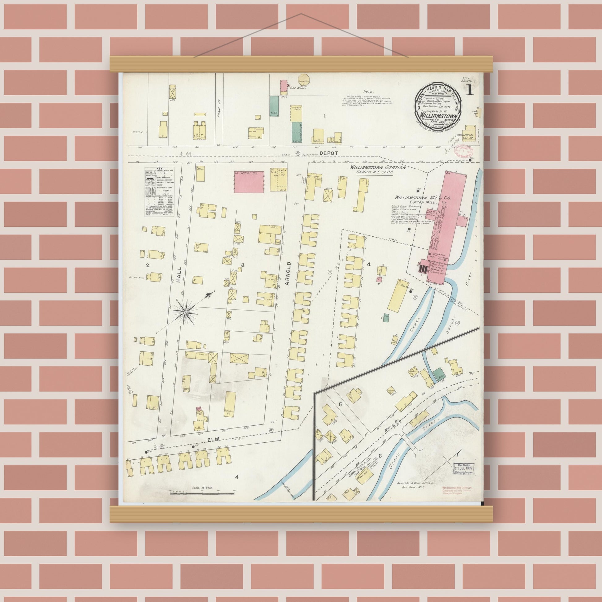 Old map wall art mockup — magnetic wood frame on brick wall — Sanborn Fire Insurance Map from Williamstown, Berkshire County, Massachusetts (1895) - Complete Map Set