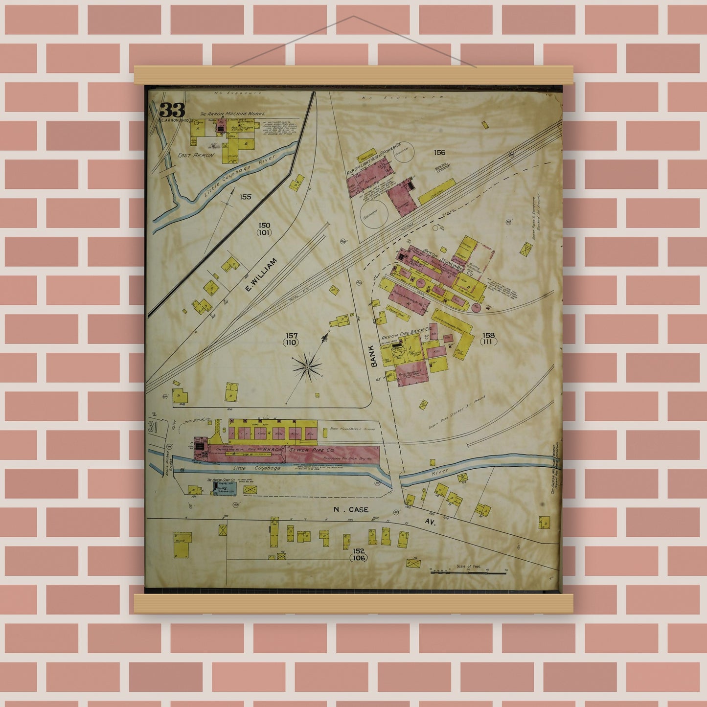 Old map wall art mockup — magnetic wood frame on brick wall — Sanborn Fire Insurance Map from Akron, Summit County, Ohio (1892), Sheet #0033
