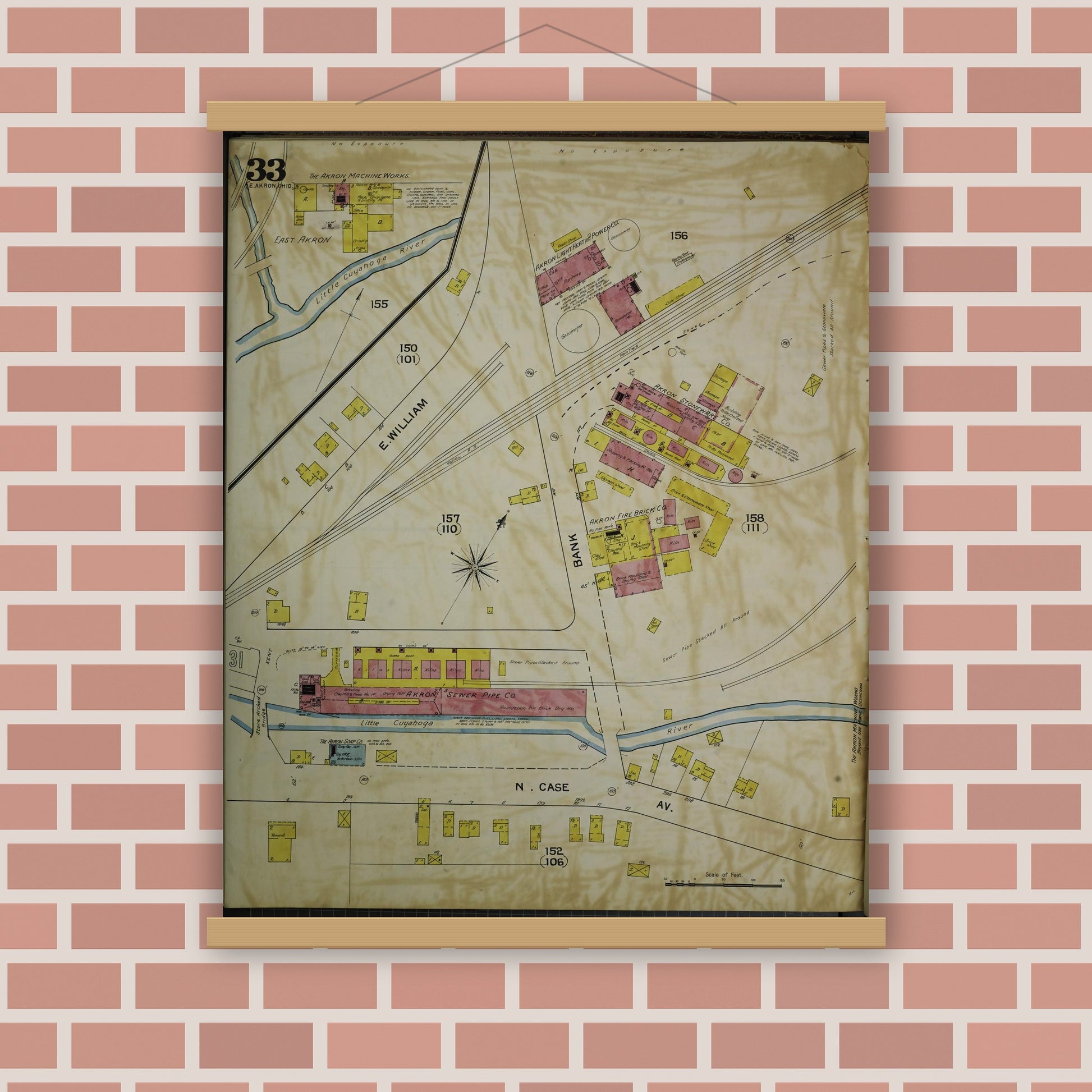 Old map wall art mockup — magnetic wood frame on brick wall — Sanborn Fire Insurance Map from Akron, Summit County, Ohio (1892), Sheet #0033