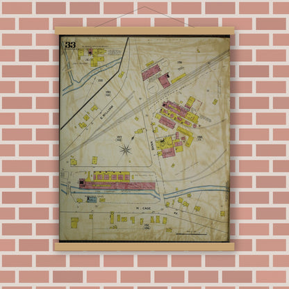 Old map wall art mockup — magnetic wood frame on brick wall — Sanborn Fire Insurance Map from Akron, Summit County, Ohio (1892), Sheet #0033
