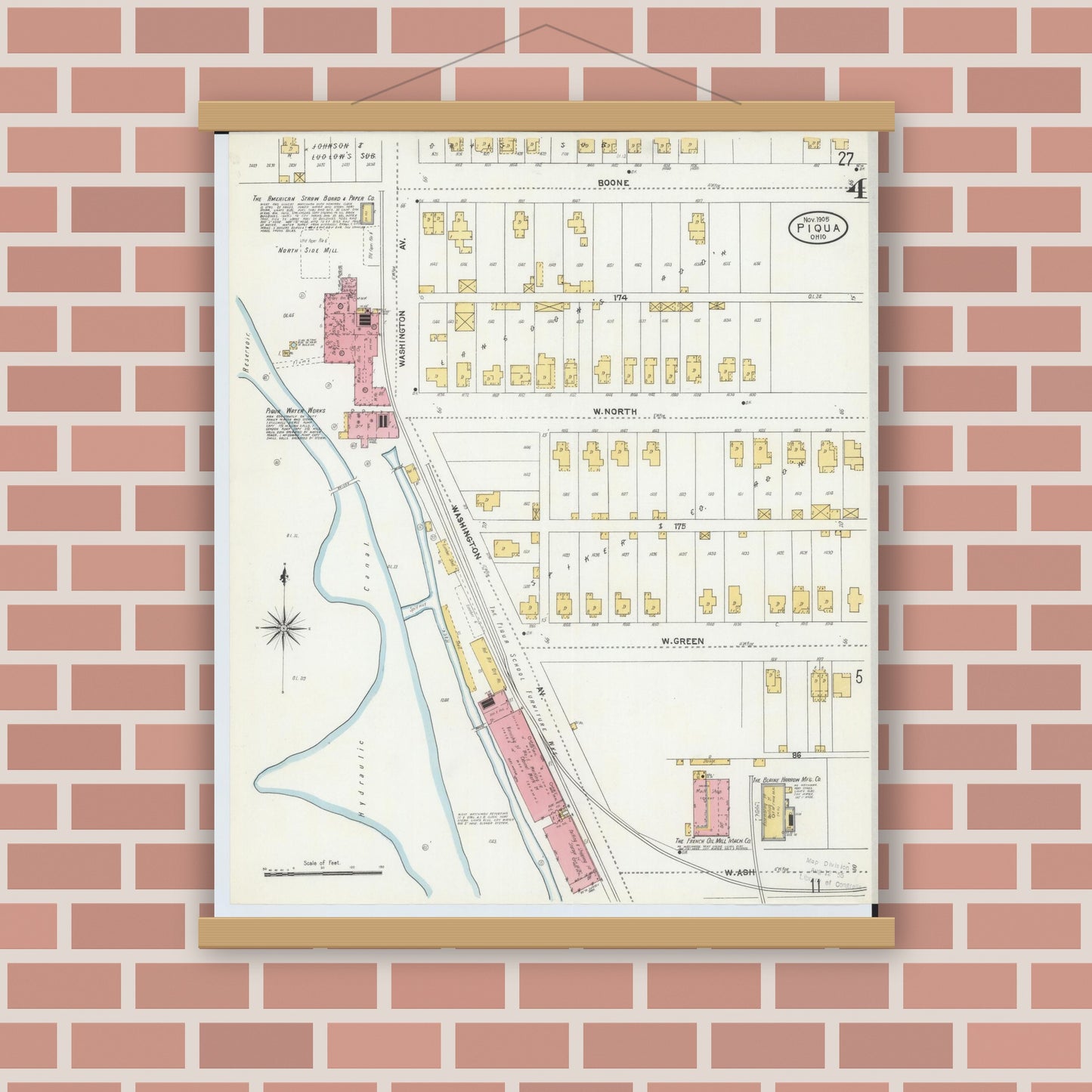 Old map wall art mockup — magnetic wood frame on brick wall — Sanborn Fire Insurance Map from Piqua, Miami County, Ohio (1905), Sheet #0004