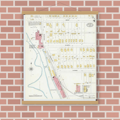Old map wall art mockup — magnetic wood frame on brick wall — Sanborn Fire Insurance Map from Piqua, Miami County, Ohio (1905), Sheet #0004