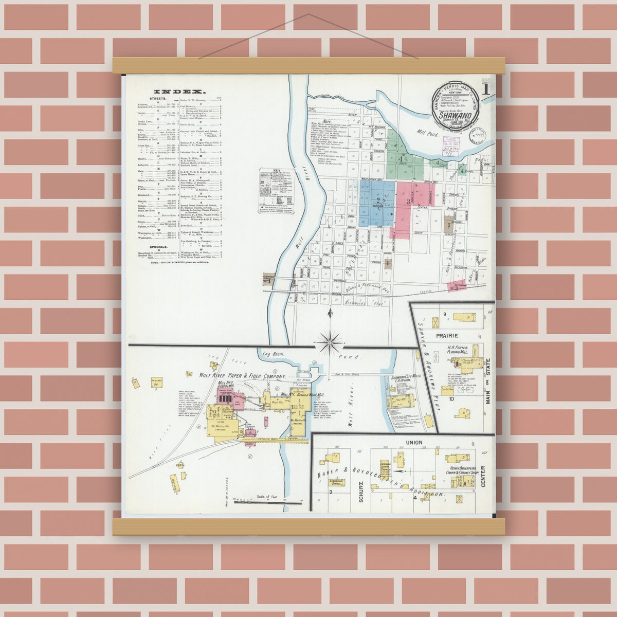 Old map wall art mockup — magnetic wood frame on brick wall — Sanborn Fire Insurance Map from Shawano, Shawano County, Wisconsin (1901), Sheet #0001