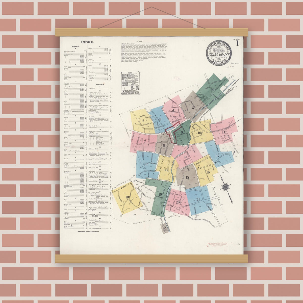 Old map wall art mockup — magnetic wood frame on brick wall — Sanborn Fire Insurance Map from Grass Valley, Nevada County, California (1912), Sheet #0001
