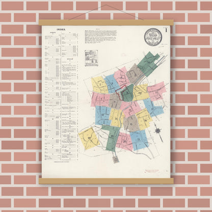 Old map wall art mockup — magnetic wood frame on brick wall — Sanborn Fire Insurance Map from Grass Valley, Nevada County, California (1912), Sheet #0001