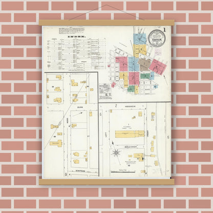 Old map wall art mockup — magnetic wood frame on brick wall — Sanborn Fire Insurance Map from Yoakum, De Witt And Lavaca Counties, Texas (1904) - Complete Map Set