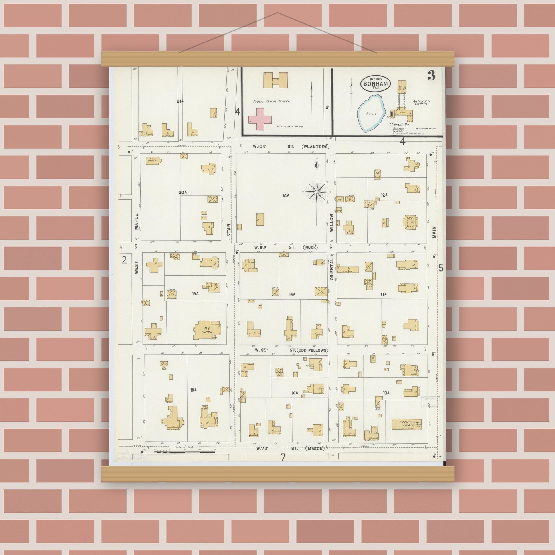 Old map wall art mockup — magnetic wood frame on brick wall — Sanborn Fire Insurance Map from Bonham, Fannin County, Texas (1897), Sheet #0003