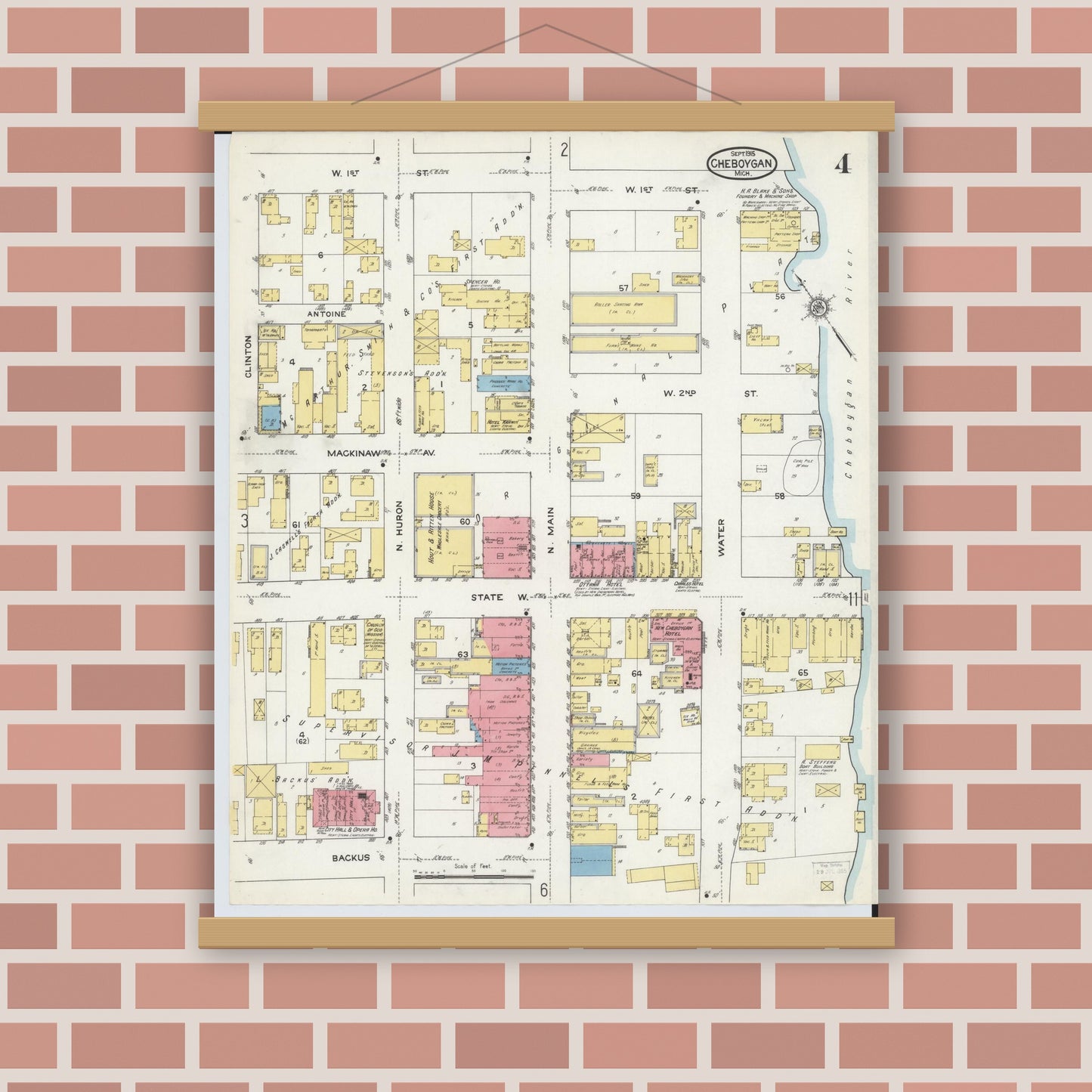 Old map wall art mockup — magnetic wood frame on brick wall — Sanborn Fire Insurance Map from Cheboygan, Cheboygan County, Michigan (1915), Sheet #0004