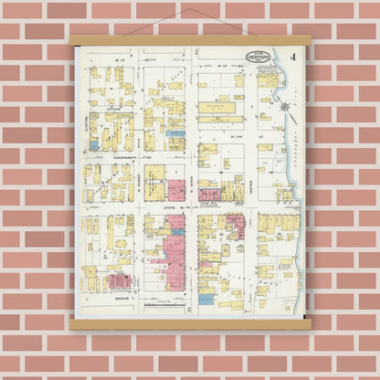 Old map wall art mockup — magnetic wood frame on brick wall — Sanborn Fire Insurance Map from Cheboygan, Cheboygan County, Michigan (1915), Sheet #0004