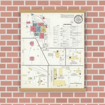 Old map wall art mockup — magnetic wood frame on brick wall — Sanborn Fire Insurance Map from Lockhart, Caldwell County, Texas (1909), Sheet #0001