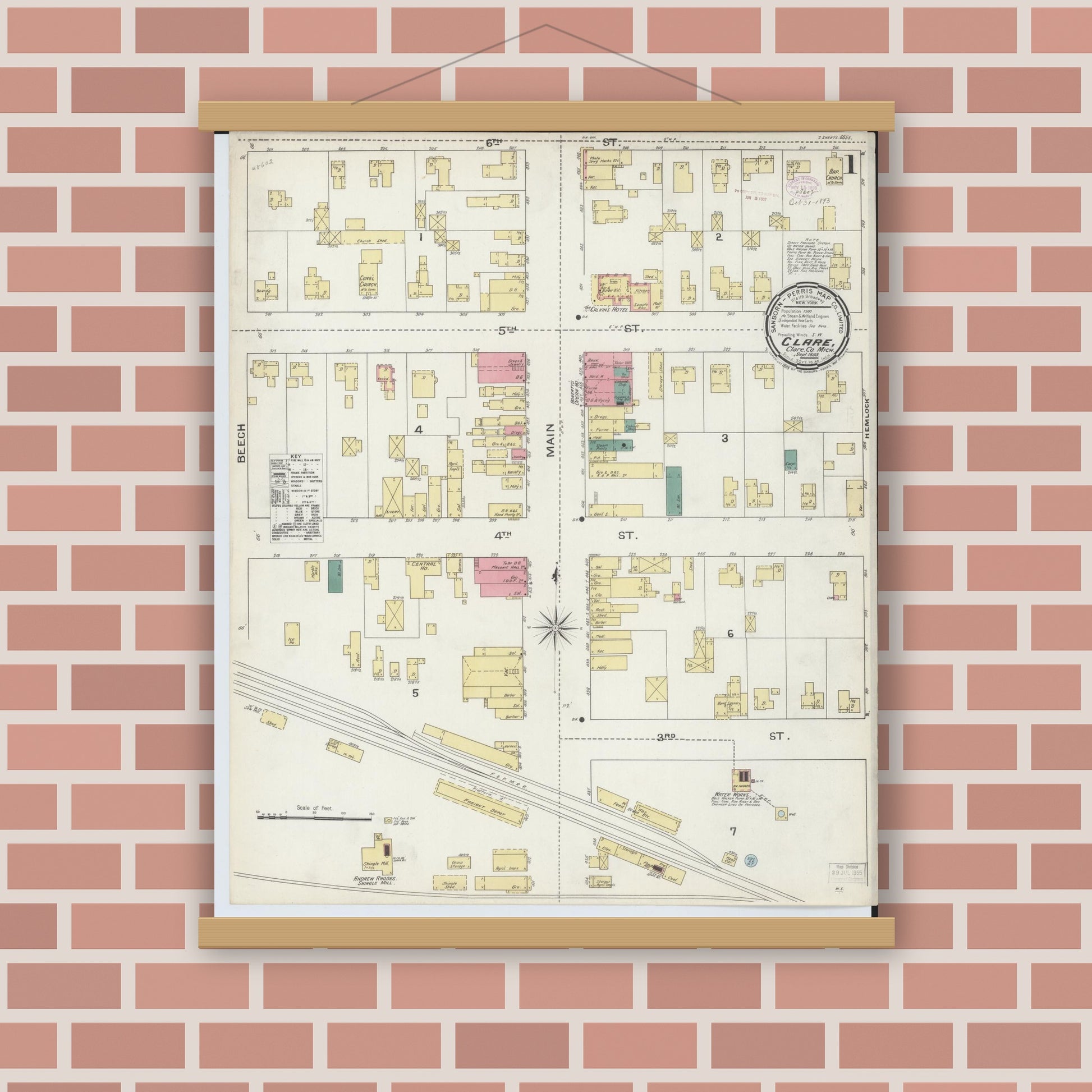 Old map wall art mockup — magnetic wood frame on brick wall — Sanborn Fire Insurance Map from Clare, Clare County, Michigan (1893), Sheet #0001