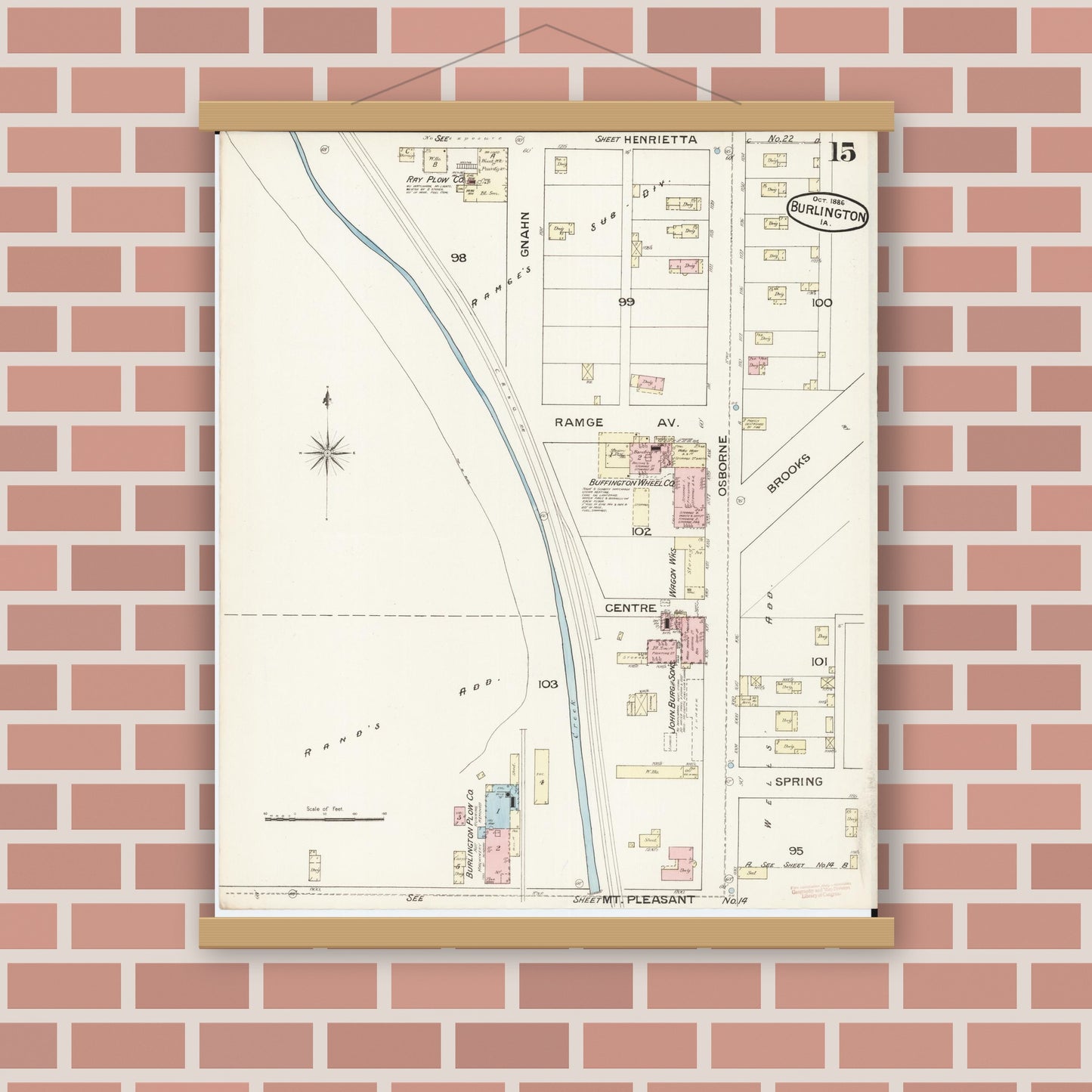 Old map wall art mockup — magnetic wood frame on brick wall — Sanborn Fire Insurance Map from Burlington, Des Moines County, Iowa (1888), Sheet #0015