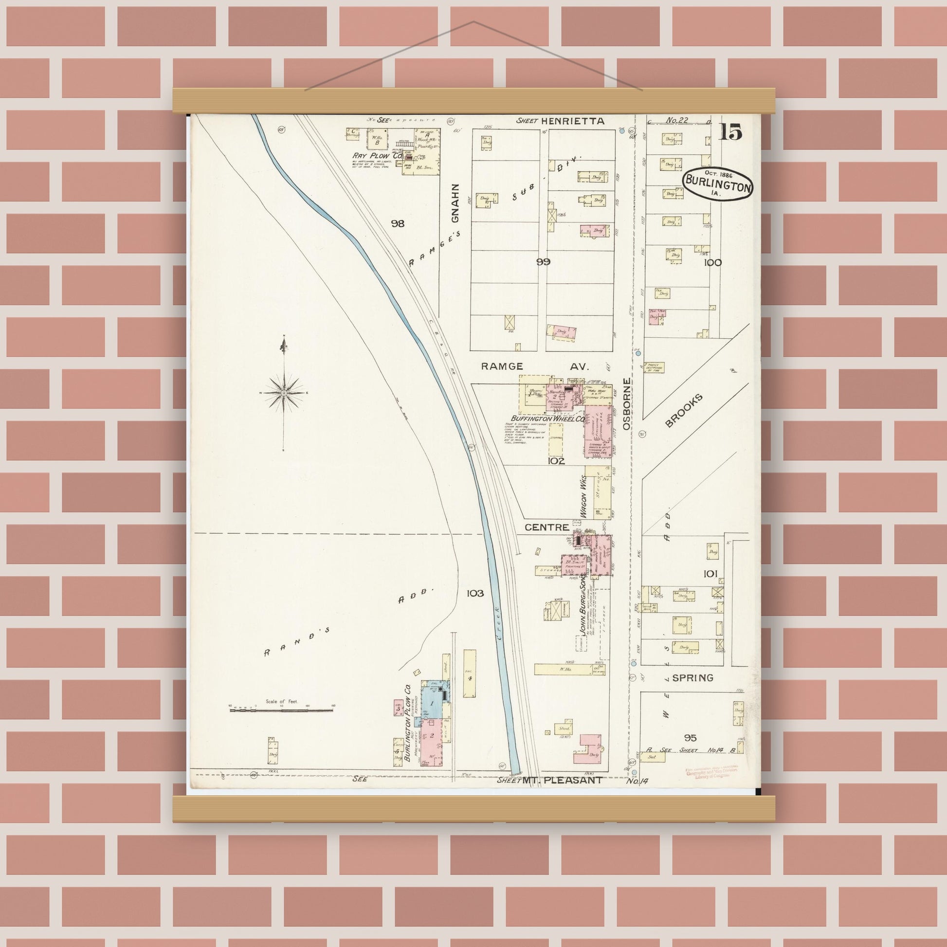 Old map wall art mockup — magnetic wood frame on brick wall — Sanborn Fire Insurance Map from Burlington, Des Moines County, Iowa (1888), Sheet #0015