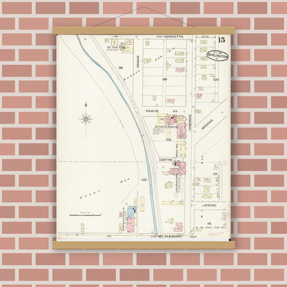 Old map wall art mockup — magnetic wood frame on brick wall — Sanborn Fire Insurance Map from Burlington, Des Moines County, Iowa (1888), Sheet #0015