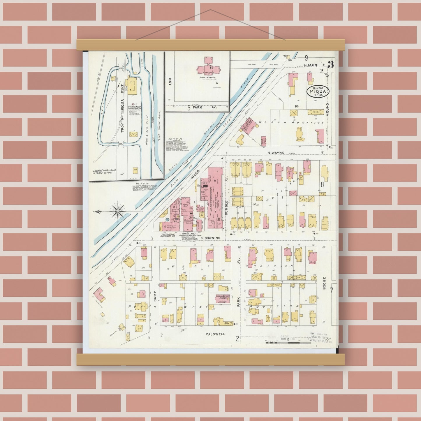 Old map wall art mockup — magnetic wood frame on brick wall — Sanborn Fire Insurance Map from Piqua, Miami County, Ohio (1905), Sheet #0003