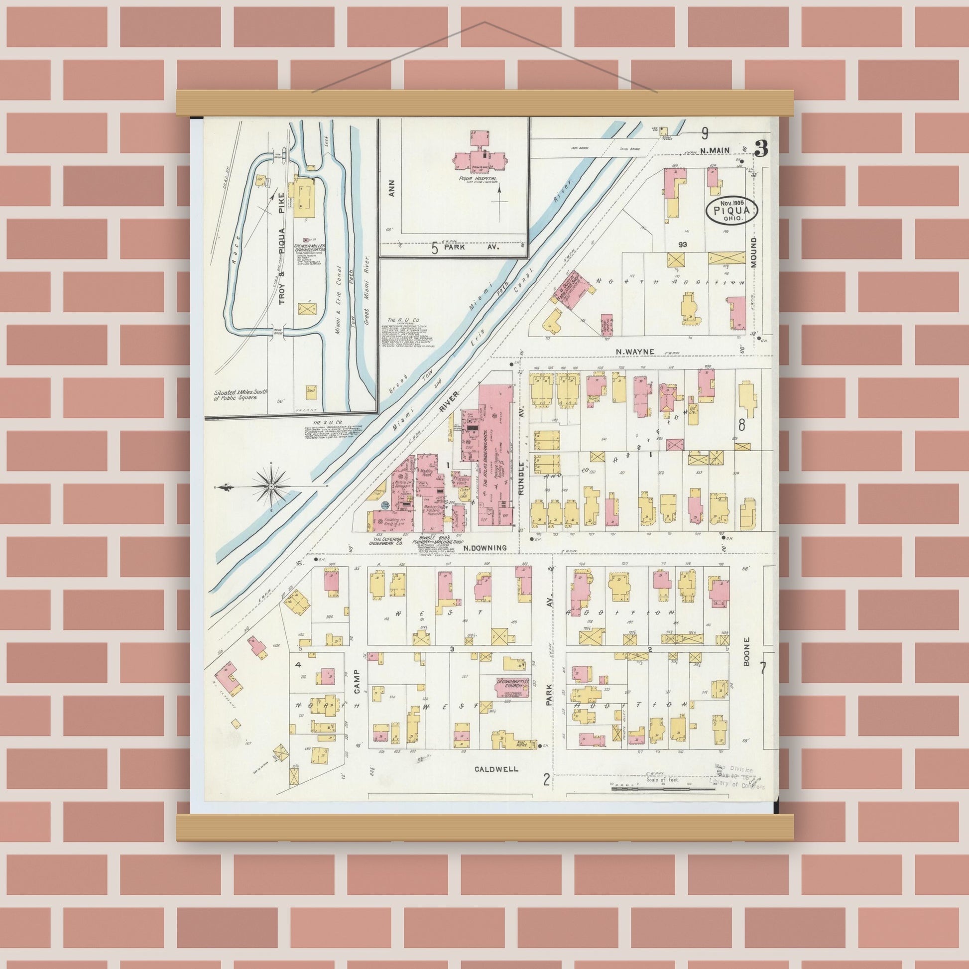 Old map wall art mockup — magnetic wood frame on brick wall — Sanborn Fire Insurance Map from Piqua, Miami County, Ohio (1905), Sheet #0003