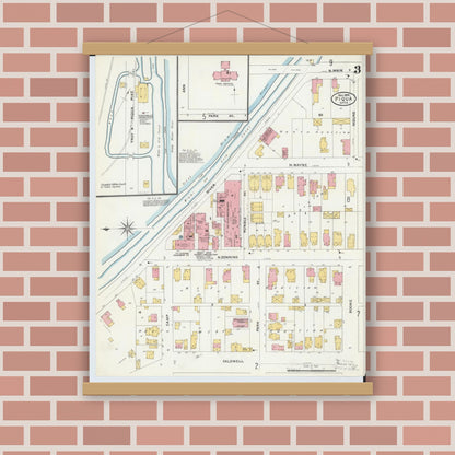 Old map wall art mockup — magnetic wood frame on brick wall — Sanborn Fire Insurance Map from Piqua, Miami County, Ohio (1905), Sheet #0003