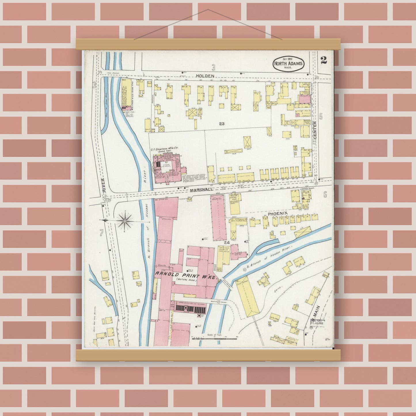 Old map wall art mockup — magnetic wood frame on brick wall — Sanborn Fire Insurance Map from North Adams, Berkshire County, Massachusetts (1892), Sheet #0002