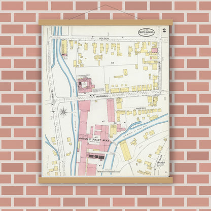 Old map wall art mockup — magnetic wood frame on brick wall — Sanborn Fire Insurance Map from North Adams, Berkshire County, Massachusetts (1892), Sheet #0002