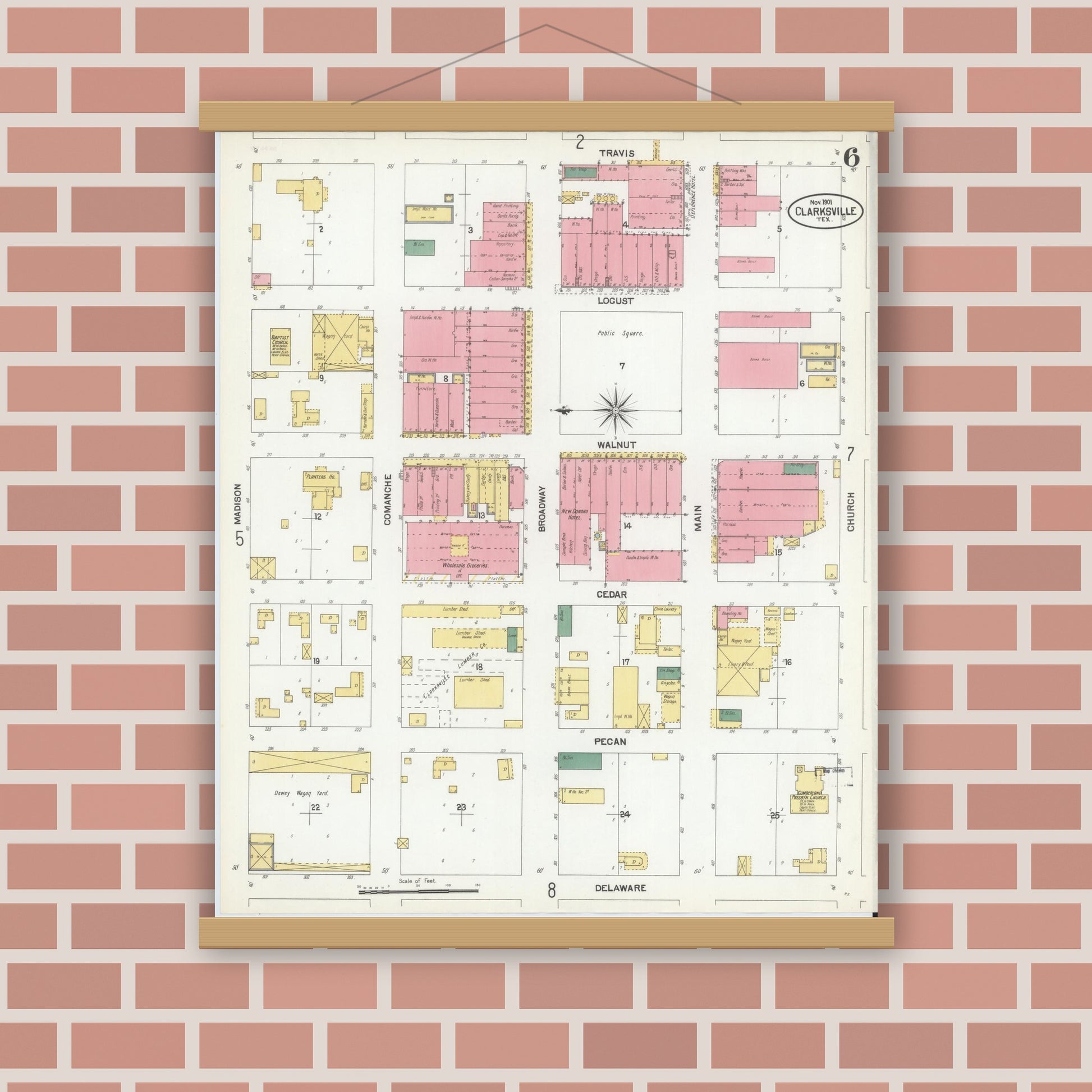 Old map wall art mockup — magnetic wood frame on brick wall — Sanborn Fire Insurance Map from Clarksville, Red River County, Texas (1901), Sheet #0006