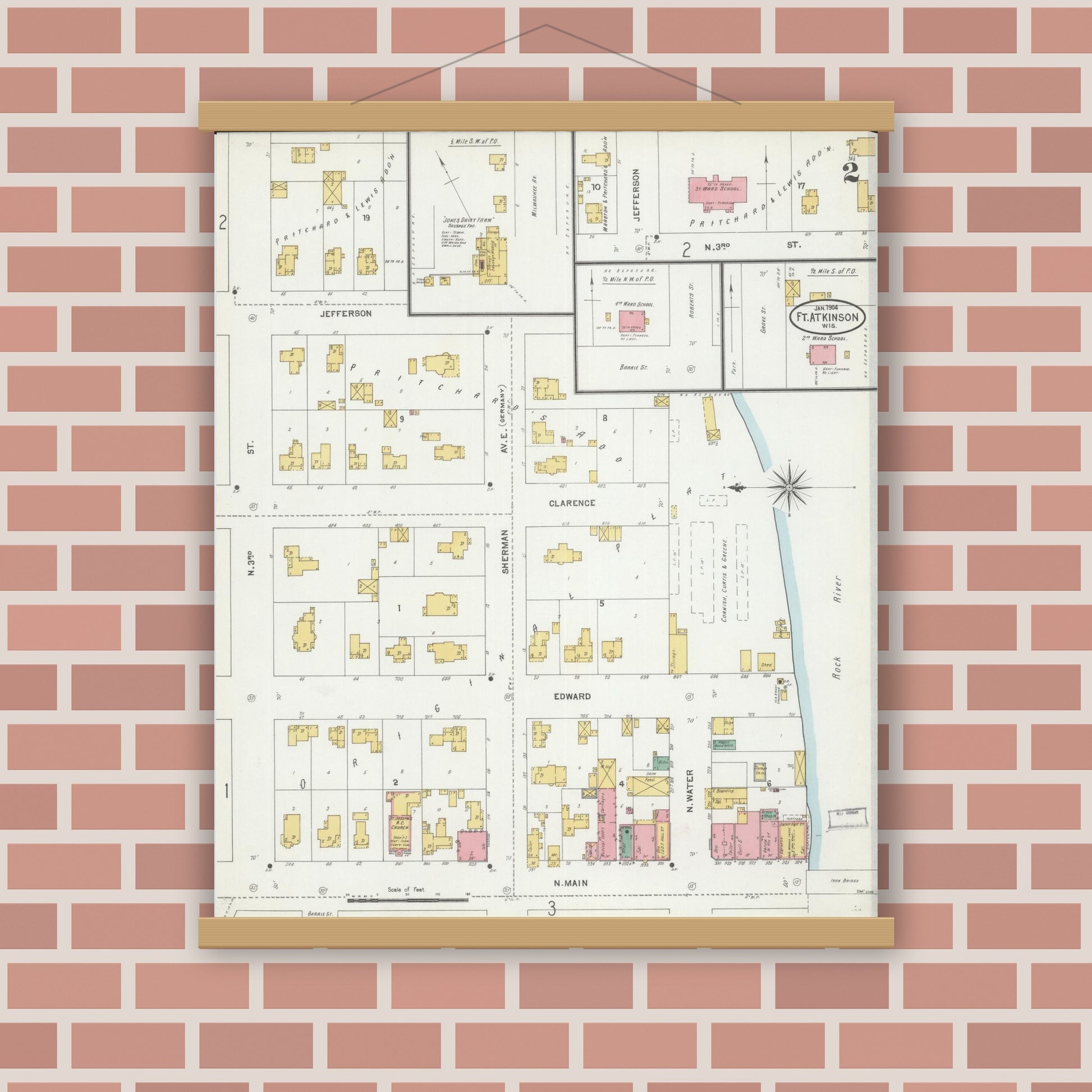 Old map wall art mockup — magnetic wood frame on brick wall — Sanborn Fire Insurance Map from Fort Atkinson, Jefferson County, Wisconsin (1904), Sheet #0002