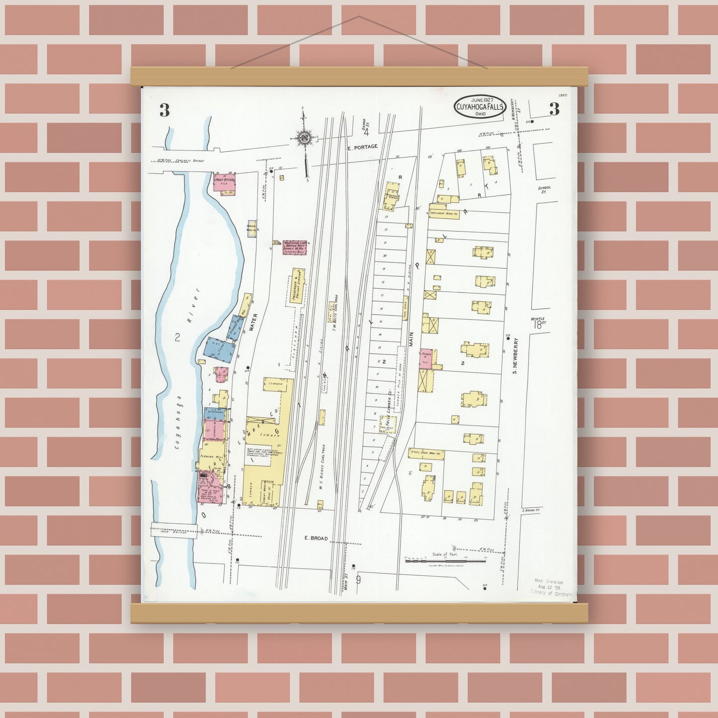 Old map wall art mockup — magnetic wood frame on brick wall — Sanborn Fire Insurance Map from Cuyahoga Falls, Summit County, Ohio (1927), Sheet #0003