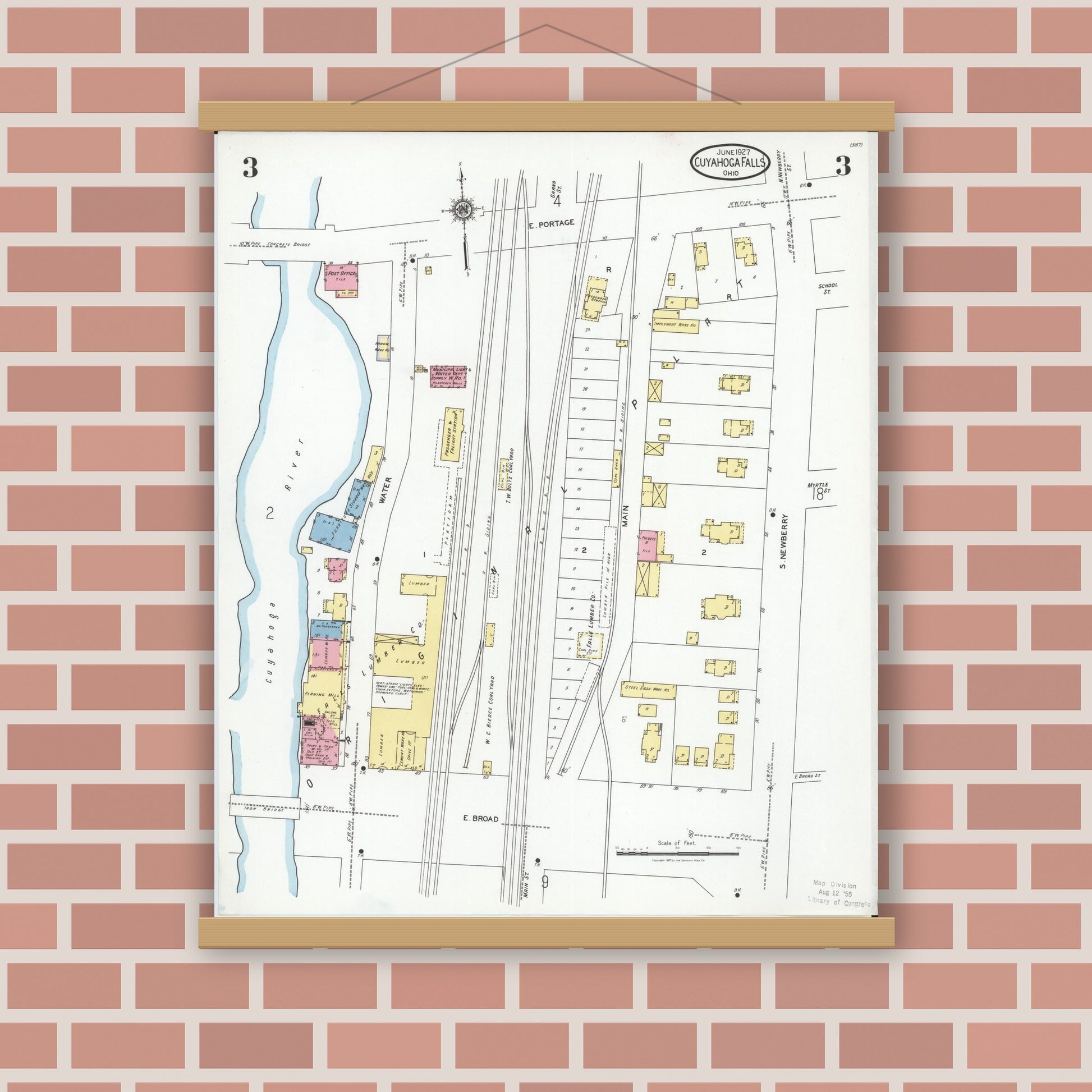 Old map wall art mockup — magnetic wood frame on brick wall — Sanborn Fire Insurance Map from Cuyahoga Falls, Summit County, Ohio (1927), Sheet #0003