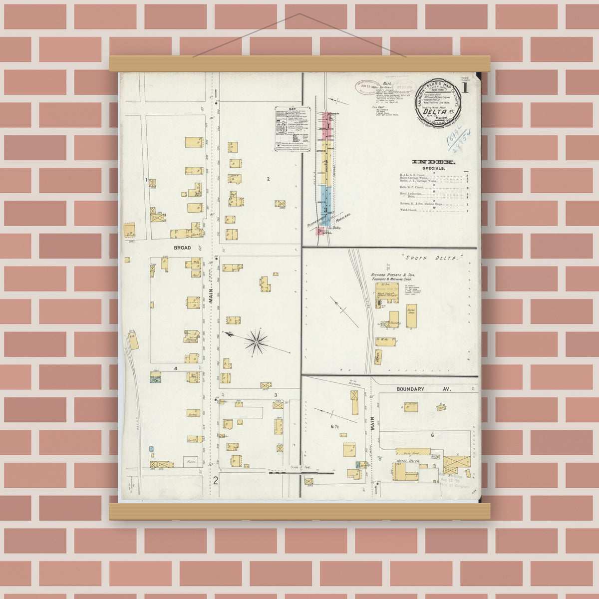 Old map wall art mockup — magnetic wood frame on brick wall — Sanborn Fire Insurance Map from Delta, York County, Pennsylvania (1899), Sheet #0001