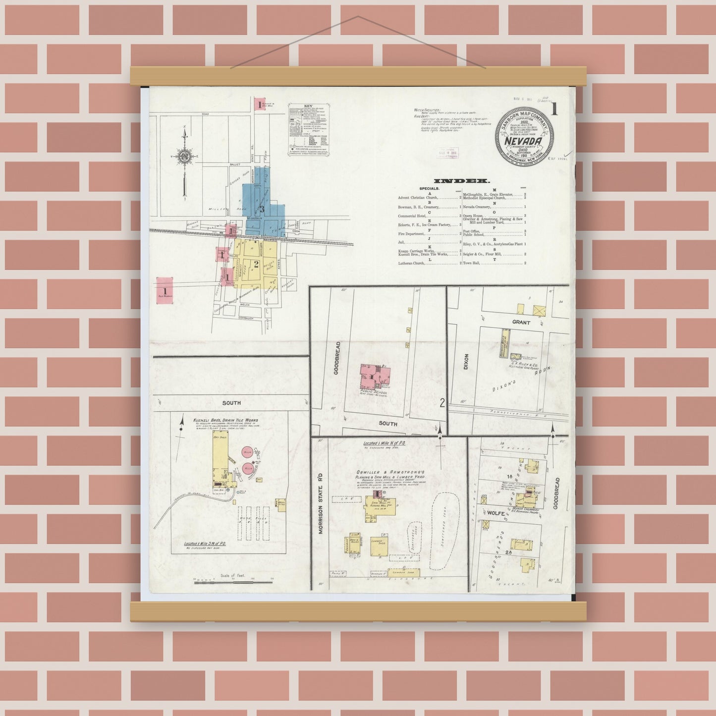 Old map wall art mockup — magnetic wood frame on brick wall — Sanborn Fire Insurance Map from Nevada, Wyandot County, Ohio (1911) - Complete Map Set
