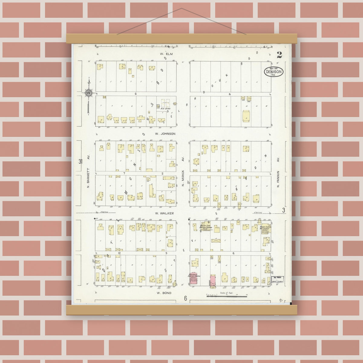Old map wall art mockup — magnetic wood frame on brick wall — Sanborn Fire Insurance Map from Denison, Grayson County, Texas (1914), Sheet #0002