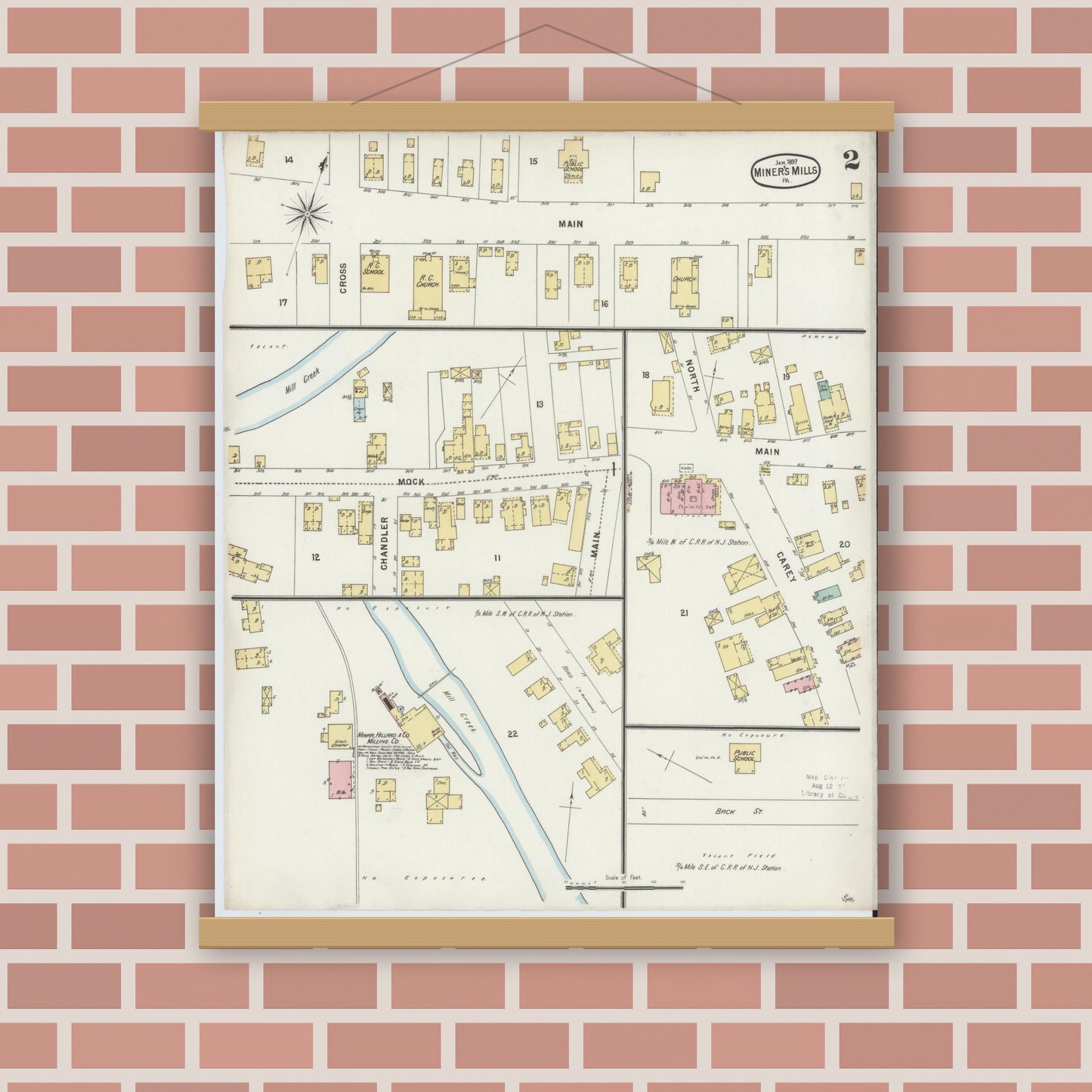 Old map wall art mockup — magnetic wood frame on brick wall — Sanborn Fire Insurance Map from Miners Mills, Luzerne County, Pennsylvania (1897), Sheet #0002