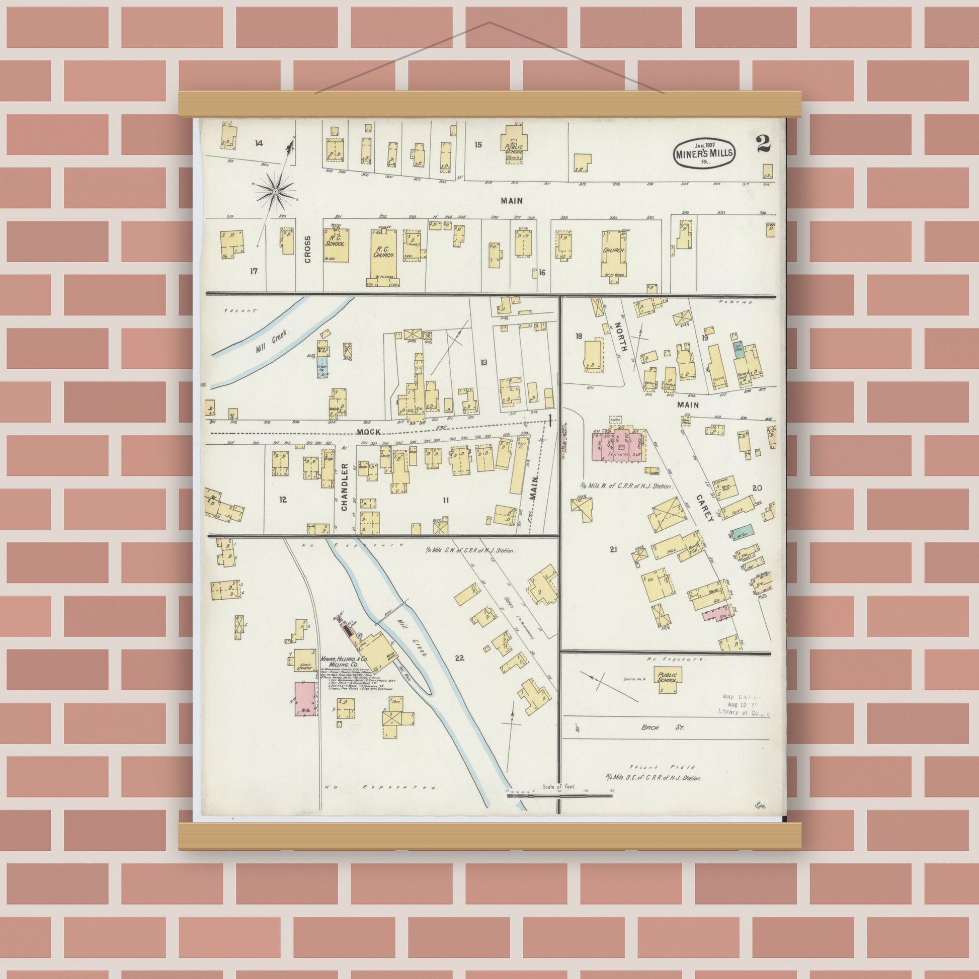 Old map wall art mockup — magnetic wood frame on brick wall — Sanborn Fire Insurance Map from Miners Mills, Luzerne County, Pennsylvania (1897), Sheet #0002