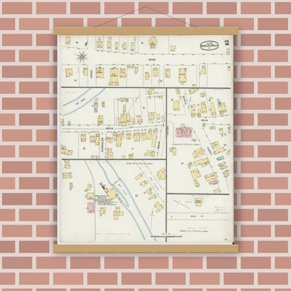 Old map wall art mockup — magnetic wood frame on brick wall — Sanborn Fire Insurance Map from Miners Mills, Luzerne County, Pennsylvania (1897), Sheet #0002