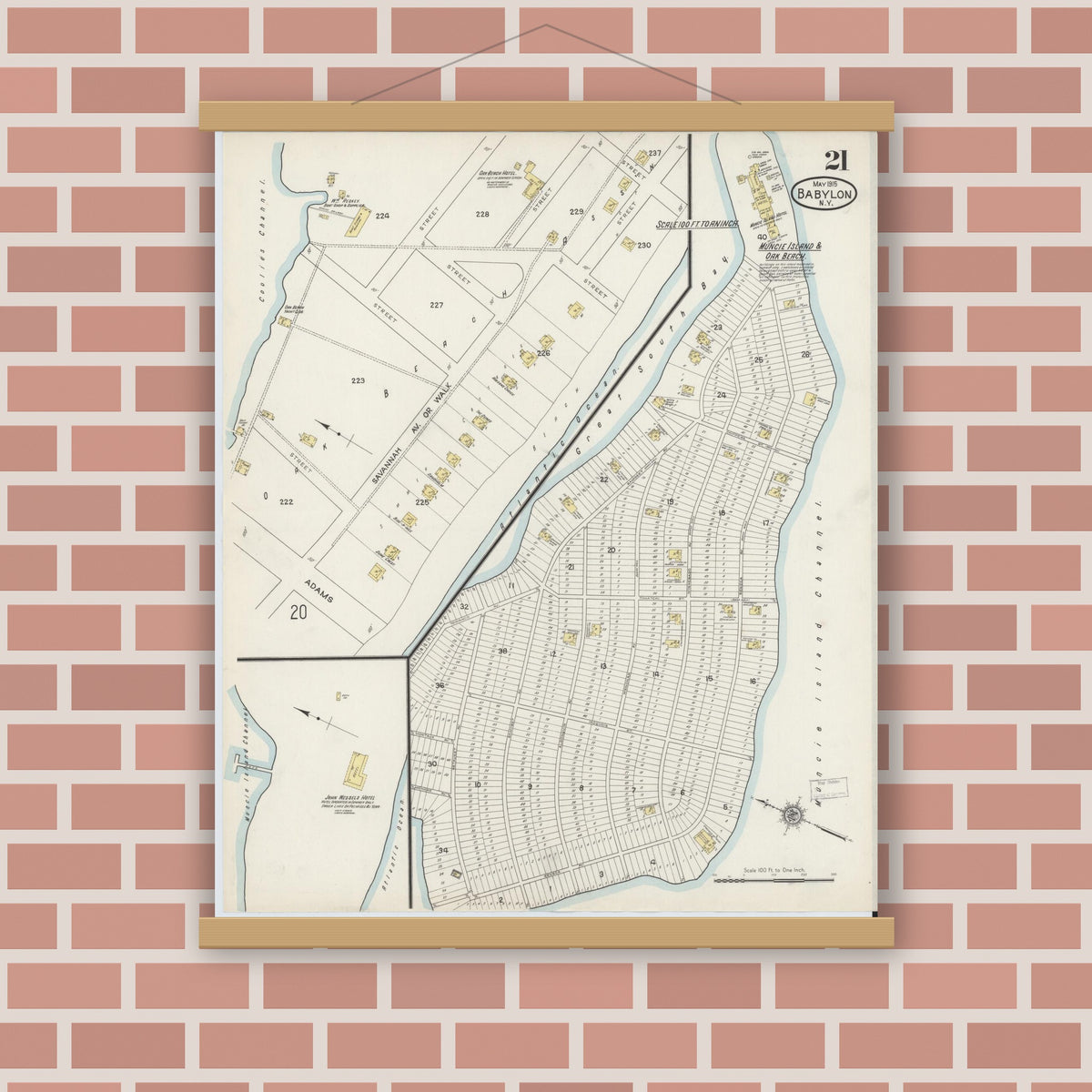 Old map wall art mockup — magnetic wood frame on brick wall — Sanborn Fire Insurance Map from Babylon, Suffolk County, New York (1915), Sheet #0021