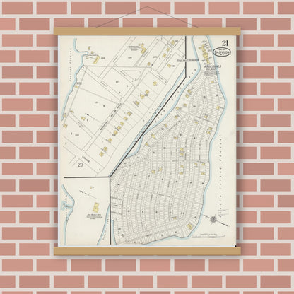 Old map wall art mockup — magnetic wood frame on brick wall — Sanborn Fire Insurance Map from Babylon, Suffolk County, New York (1915), Sheet #0021