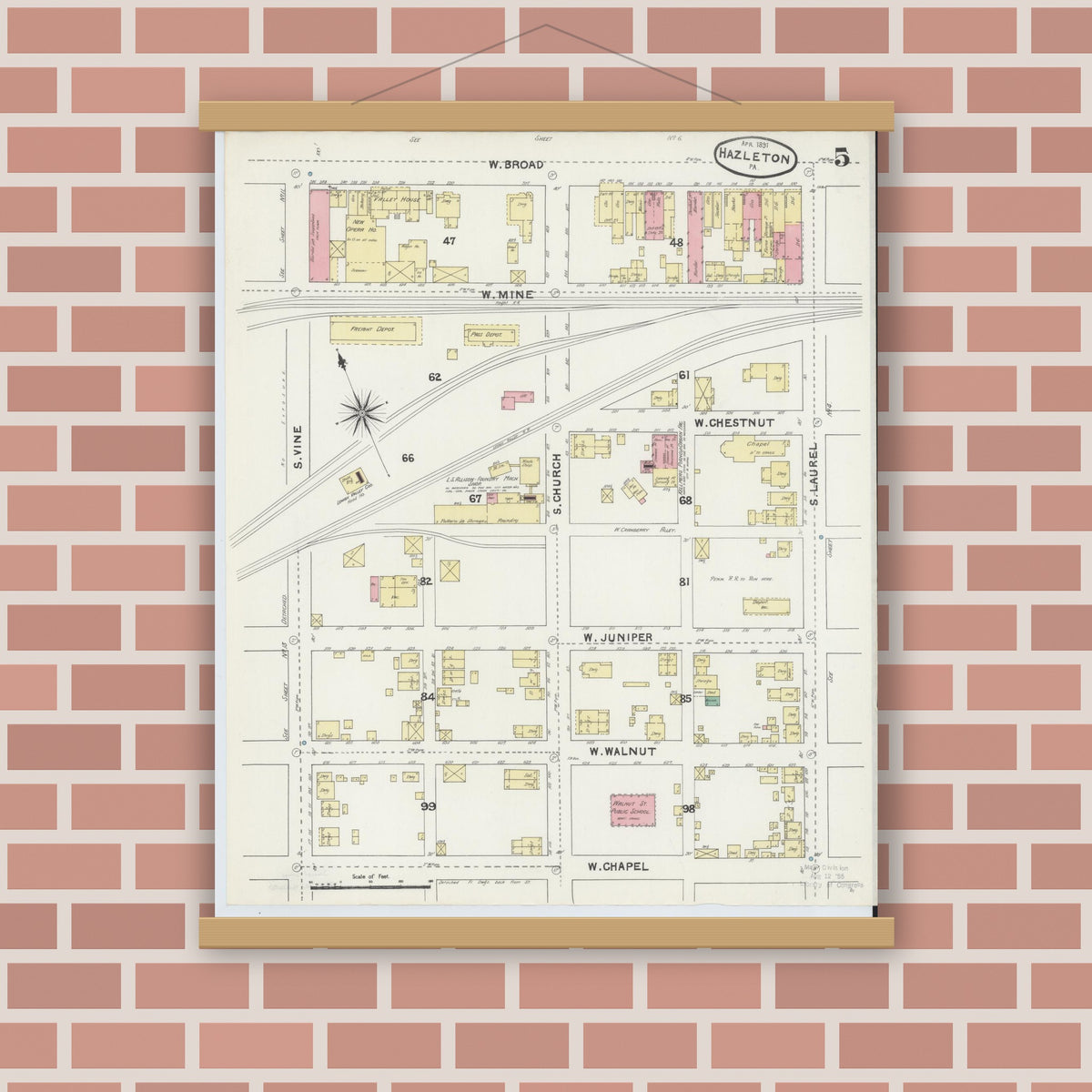 Old map wall art mockup — magnetic wood frame on brick wall — Sanborn Fire Insurance Map from Hazleton, Luzerne County, Pennsylvania (1891), Sheet #0005
