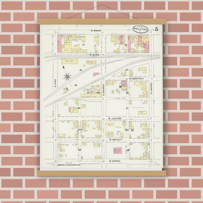 Old map wall art mockup — magnetic wood frame on brick wall — Sanborn Fire Insurance Map from Hazleton, Luzerne County, Pennsylvania (1891), Sheet #0005