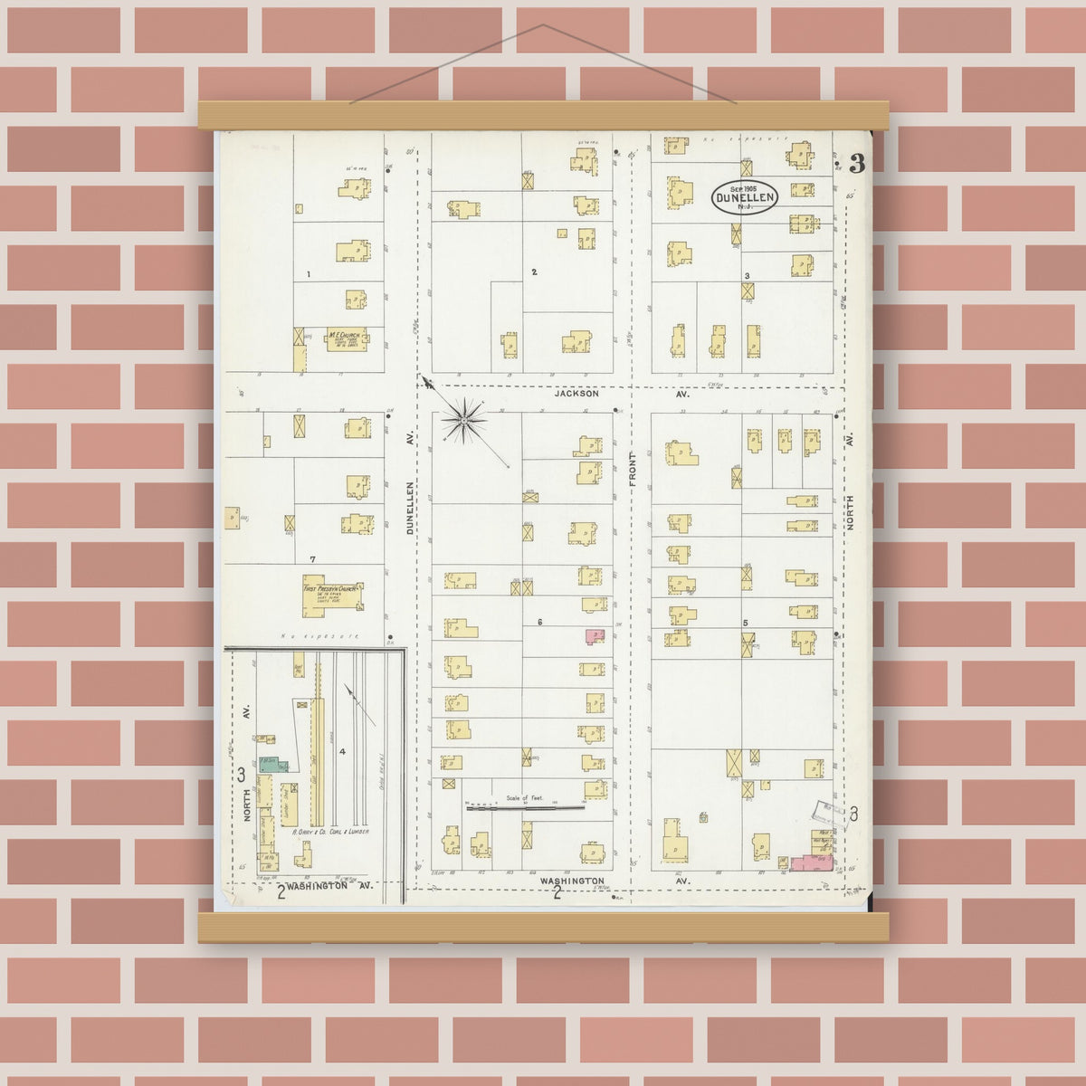 Old map wall art mockup — magnetic wood frame on brick wall — Sanborn Fire Insurance Map from Dunellen, Middlesex County, New Jersey (1905), Sheet #0003