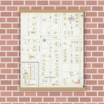 Old map wall art mockup — magnetic wood frame on brick wall — Sanborn Fire Insurance Map from Dunellen, Middlesex County, New Jersey (1905), Sheet #0003