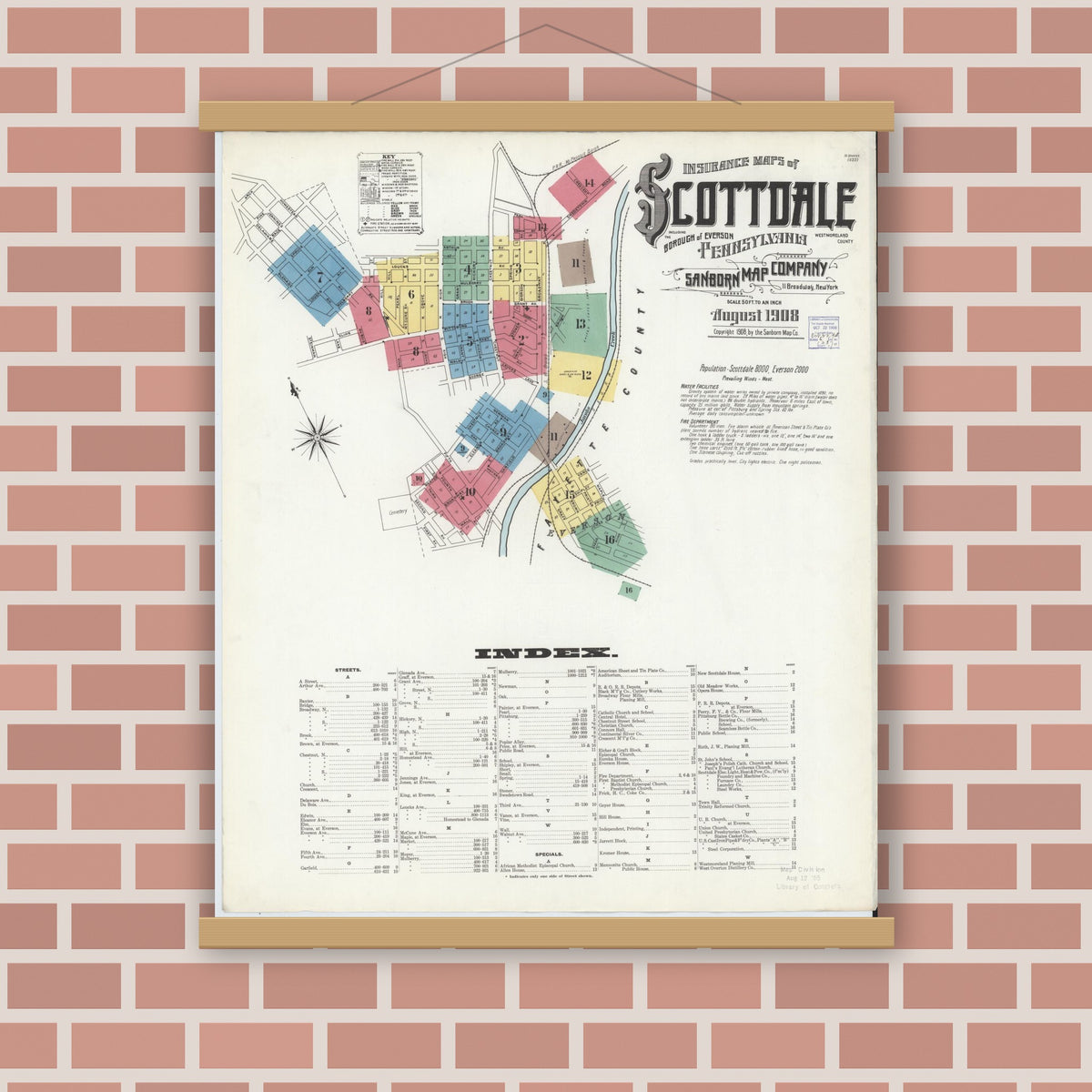 Old map wall art mockup — magnetic wood frame on brick wall — Sanborn Fire Insurance Map from Scottdale, Westmoreland County, Pennsylvania (1908) - Complete Map Set
