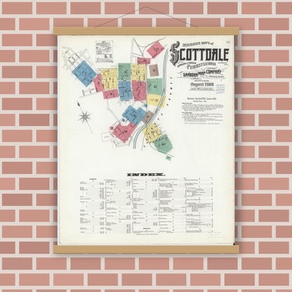 Old map wall art mockup — magnetic wood frame on brick wall — Sanborn Fire Insurance Map from Scottdale, Westmoreland County, Pennsylvania (1908) - Complete Map Set