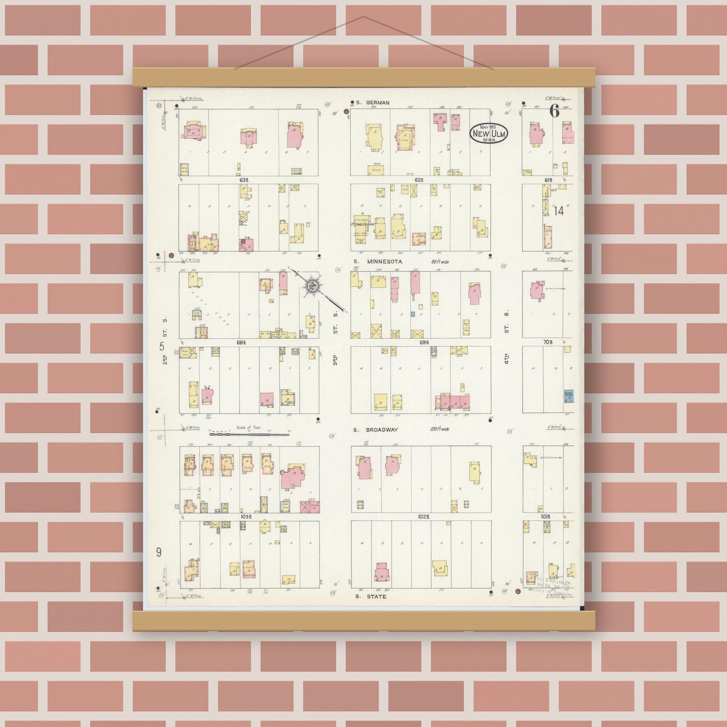 Old map wall art mockup — magnetic wood frame on brick wall — Sanborn Fire Insurance Map from New Ulm, Brown County, Minnesota (1913), Sheet #0006