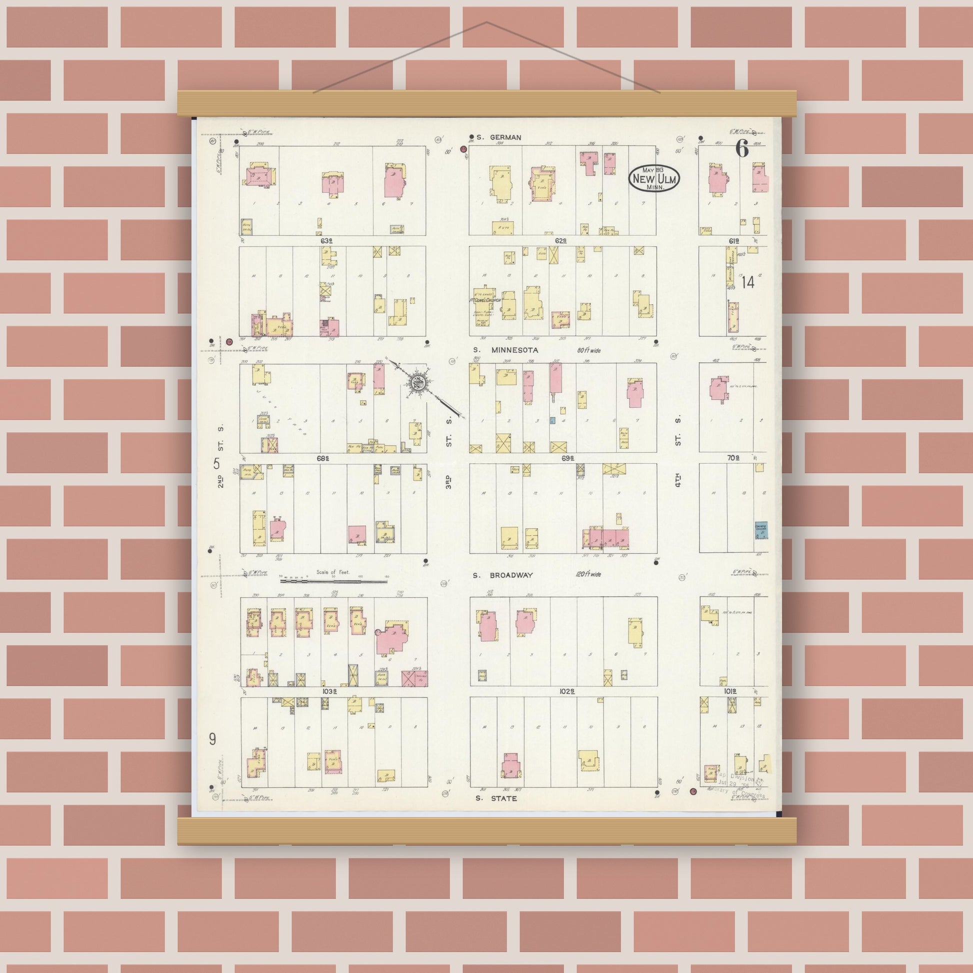 Old map wall art mockup — magnetic wood frame on brick wall — Sanborn Fire Insurance Map from New Ulm, Brown County, Minnesota (1913), Sheet #0006
